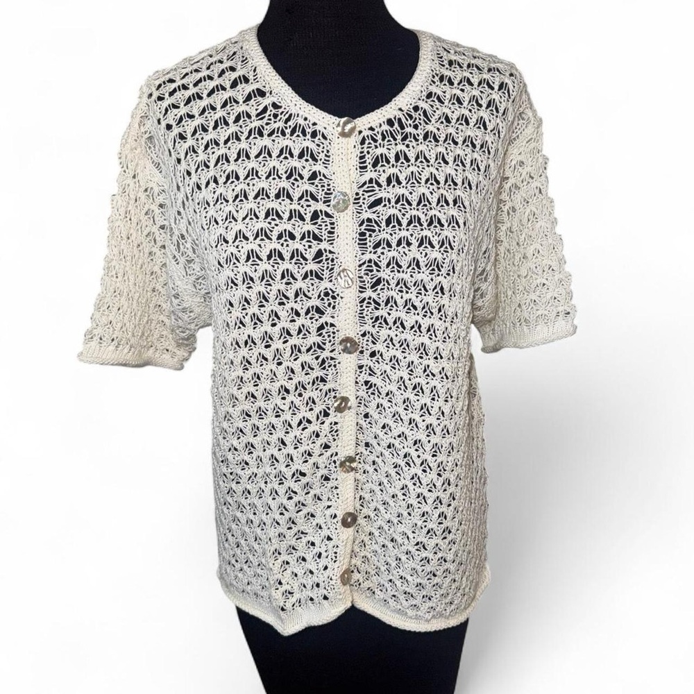 Susan Bristol VTG Ivory crochet cottagecore short sleeve button up cardigan SZ L